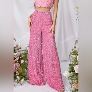 FAERIESTY Pink Velvet Sequin Wide Leg Pants Size M